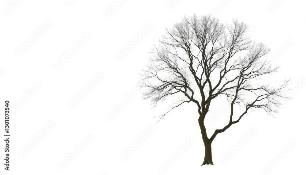 Obraz premium Lone deciduous tree, stark branches against pure white, forest, environment