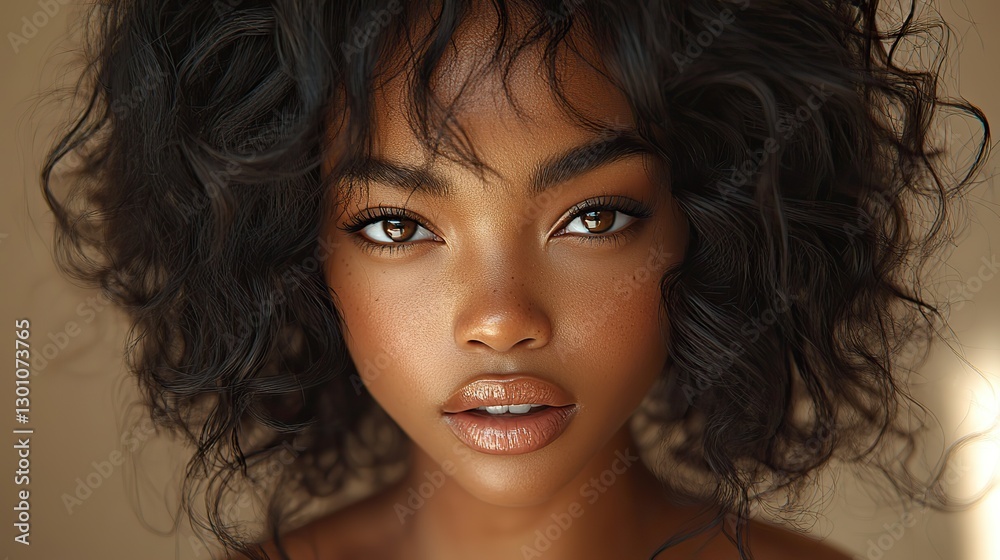 This AI generated profile portrait showcases the classic beauty and sophistication of a woman with voluminous curly hair and flawless makeup. This AI generated profile portrait showcases the classic beauty and sophistication of a woman with voluminous curly hair and flawless makeup.