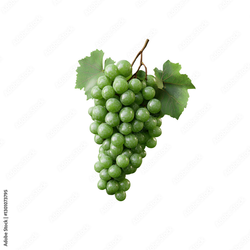 Obraz premium Cluster of fresh green grapes with plump berries and lush green leaves, suspended elegantly against a transparent background