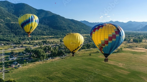 A group of colorful hot air balloons floating over a valley, providing an aerial view of an iconic travel destination.