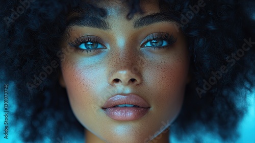 This AI generated profile portrait showcases the classic beauty and sophistication of a woman with voluminous curly hair and flawless makeup.