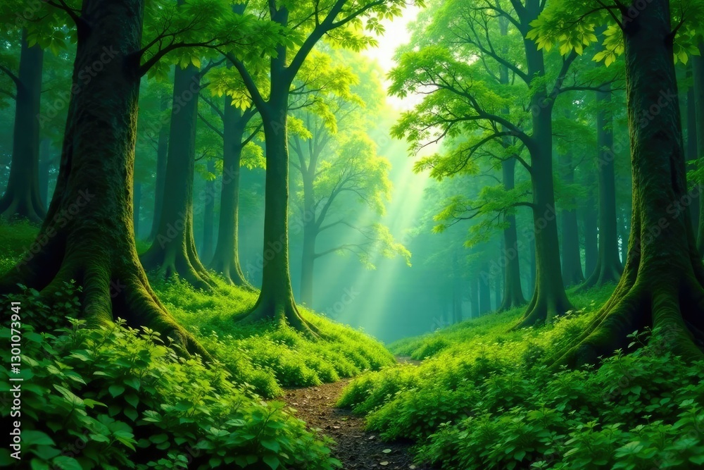 Obraz premium Lush green forest foliage with tall trees and dense undergrowth, vegetation, trees