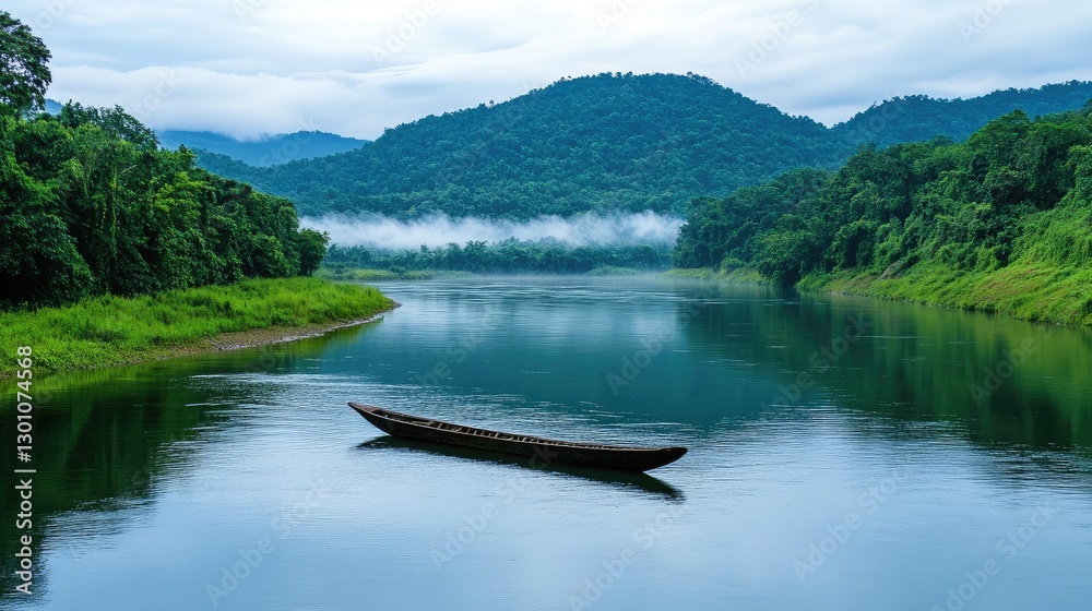 Obraz premium A lone boat drifting on a calm river, surrounded by lush green forests and misty mountains in the distance.