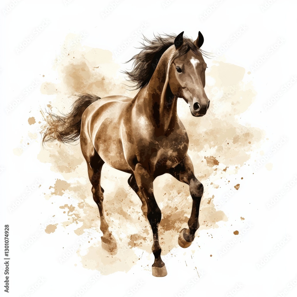 Fototapeta premium a graceful horse clipart, equine element, watercolor splash effect, sepia tones, isolated on white background