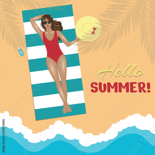 A beautiful girl in a red swimsuit sunbathing on the beach in the shade of palm trees.  Card for resorts, beaches, hotels, travel agency.