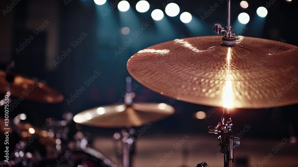 Fototapeta premium Stage drum cymbal close-up; blurred concert hall background