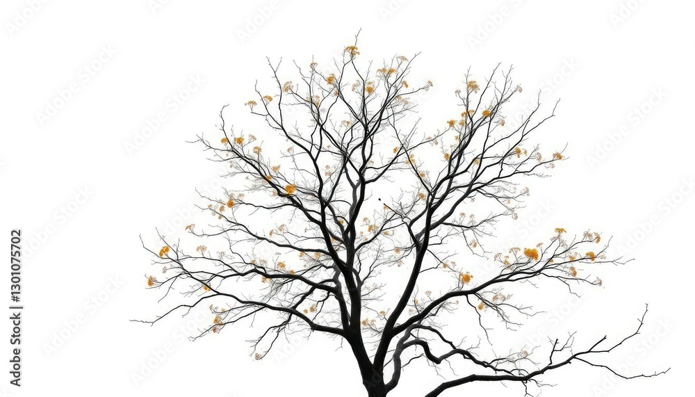Obraz premium Single deciduous tree, branches reaching skyward, stark white backdrop, high-resolution, foliage