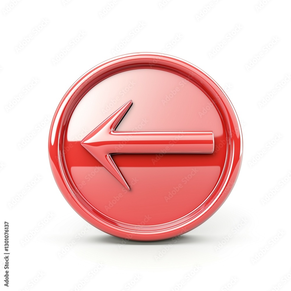 A shiny red circular left arrow symbol with a 3D effect, ideal for navigational or directional themes. A shiny red circular left arrow symbol with a 3D effect, ideal for navigational or directional themes.