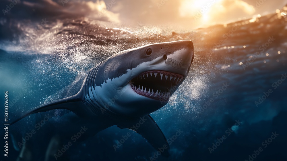 Naklejka premium Underwater apex predator: a great white shark lurking in the deep ocean.