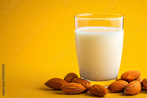 Refreshing glass of almond milk surrounded by almonds on a bright yellow background, designed as a banner with space for promotional text.