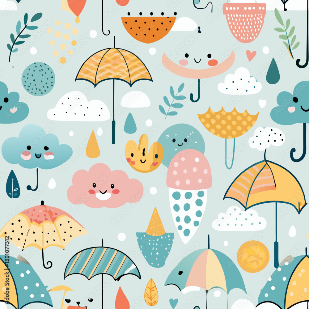 Naklejka premium Whimsical Weather Pattern: A cheerful and captivating pattern filled with delightful illustrations of umbrellas, clouds, and raindrops, embodying the whimsical charm of a lighthearted weather theme.