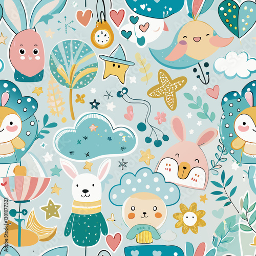 Whimsical Wonderland: A seamless pattern showcasing a vibrant array of cartoon animals, hearts, stars, and dreamlike elements, creating a cute and playful atmosphere perfect for children's designs. 