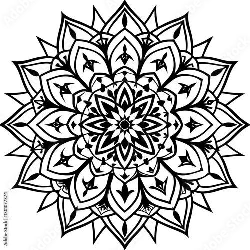 Mandala: A symmetrical mandala illustration, featuring intricate geometric and floral patterns radiating from a central point. Embodying balance and harmony.