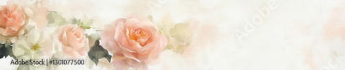 Soft pink roses and white flowers create delicate floral background, evoking sense of tranquility and beauty. Perfect for invitations or decor