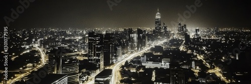 A stunning night cityscape with a glowing skyline, illuminated roads, and high-rise buildings in black and white, reflecting urban life. photo