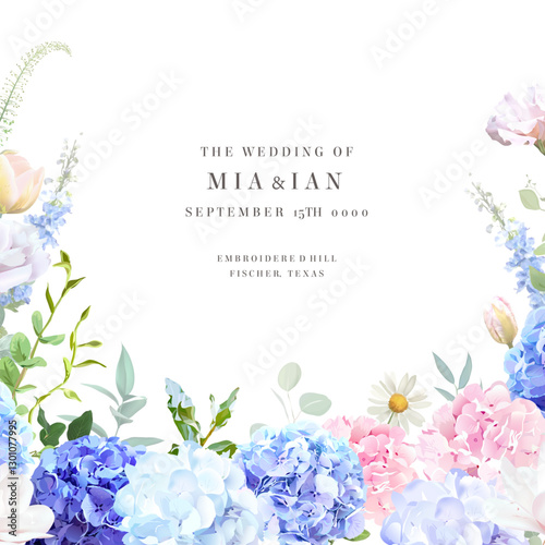 Bridgerton inspired pastel floral vector design frame. Blue delphinium, hydrangea, white magnolia, tulips, rose, hyacinth, greenery and plants card. All flowers and branches are isolated and movable