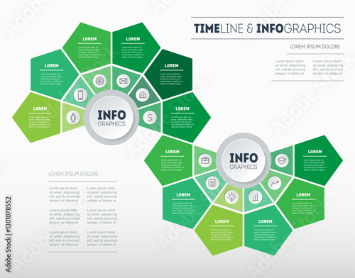 Agricultural production calendar template. Timeline or infographics with 12 parts. The development and growth of the business. Eco Business concept with Twelve options or steps.