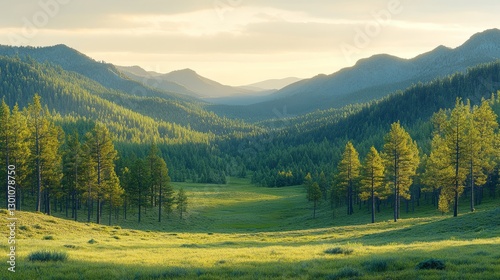 A tranquil green valley lies between tall mountains, inviting adventure in the morning light