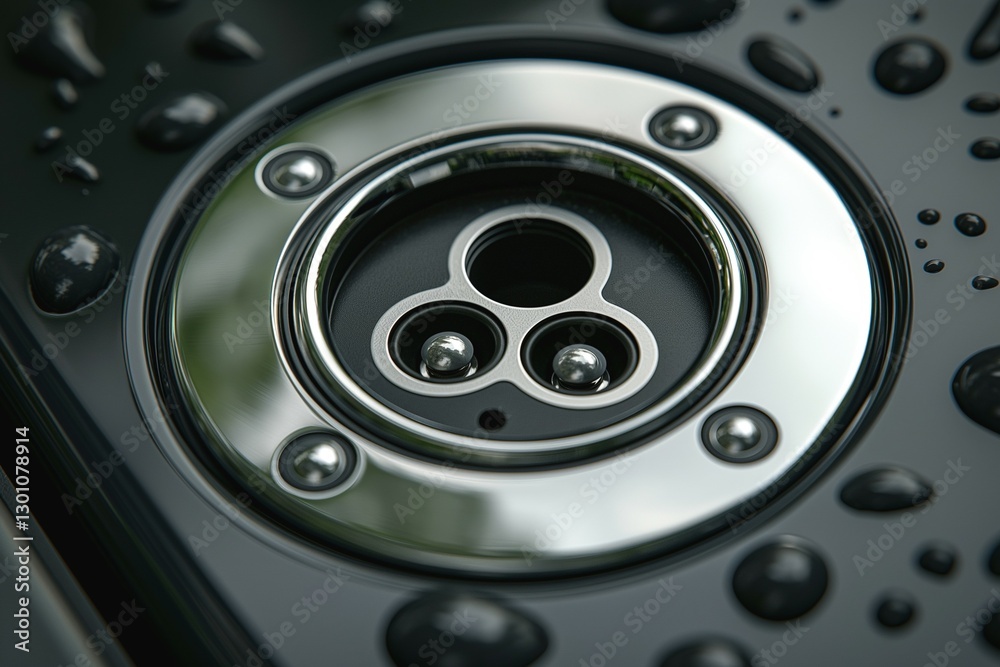 Close-up of a sleek metal drain with water droplets, showcasing modern design and reflective surfaces. Close-up of a sleek metal drain with water droplets, showcasing modern design and reflective surfaces.