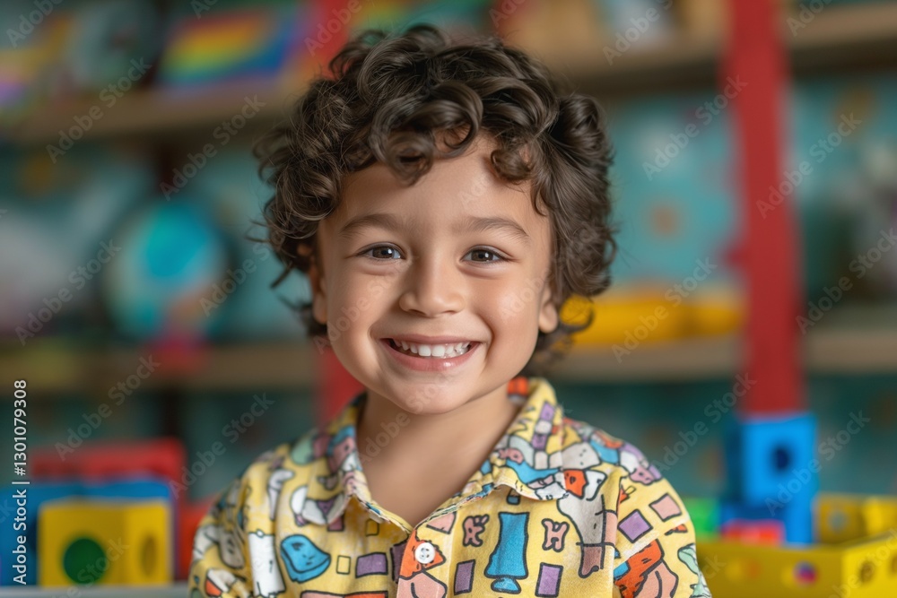 A cheerful mixed-race boy with curly hair smiles brightly in a colorful playroom filled with toys. A cheerful mixed-race boy with curly hair smiles brightly in a colorful playroom filled with toys.