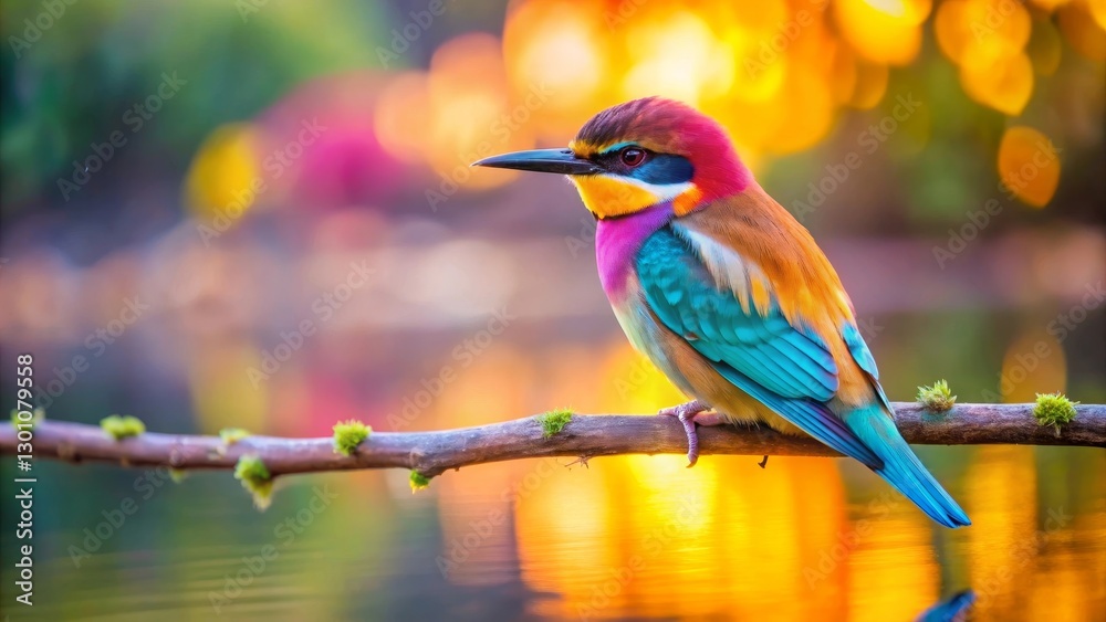 Obraz premium A Vibrant Rainbow-Colored Bird Perched on a Branch Near a Calm Body of Water at Sunset