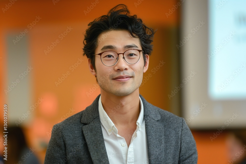 Naklejka premium A young Asian man in a gray blazer and glasses smiles warmly in a bright, modern setting.