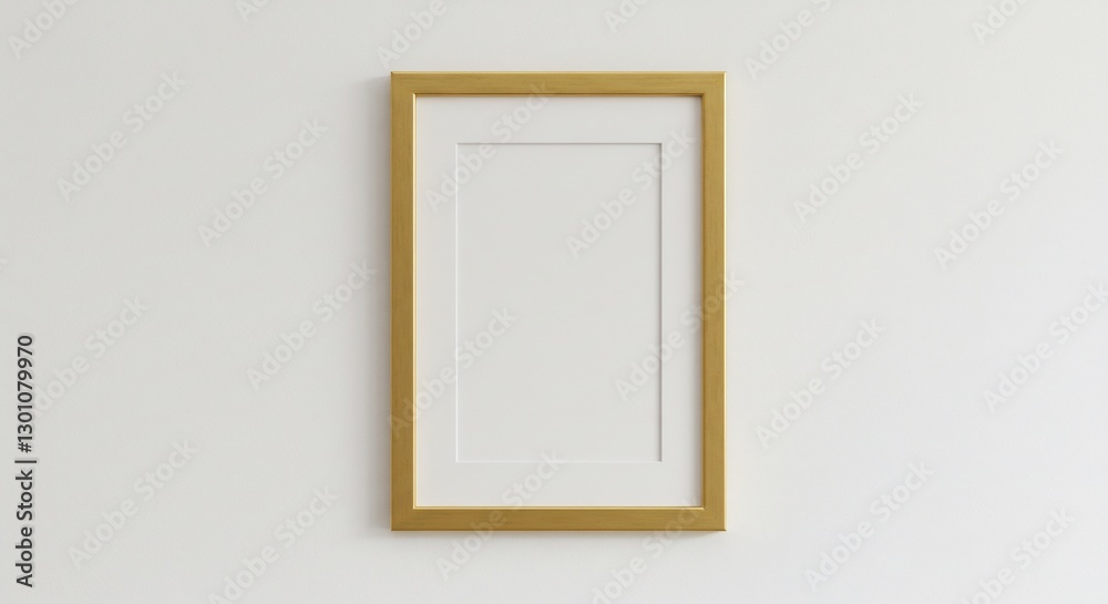 Elegant gold frame hangs on a clean white wall subtly illuminated. AI Generated Elegant gold frame hangs on a clean white wall subtly illuminated. AI Generated