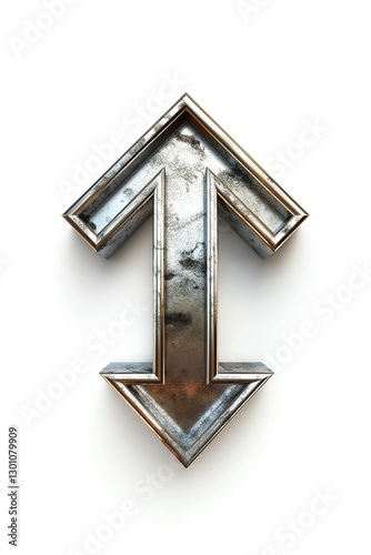 A metallic double-headed arrow symbol depicting movement and directionality, set against a clean white background. photo