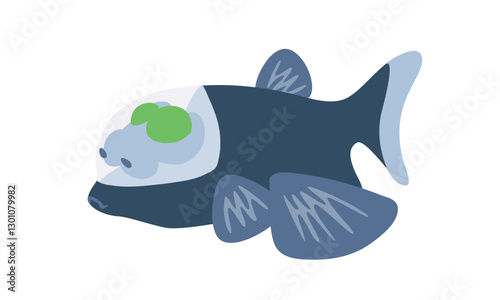 Pacific barrelfish. Deep sea fish with transparent head and green eyes, vector clipart.