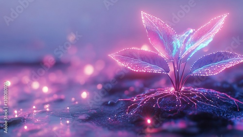 Cyber Flora: A vibrant and futuristic digital rendering of a plant, emanating a soft, ethereal glow with its leaves and roots illuminated.