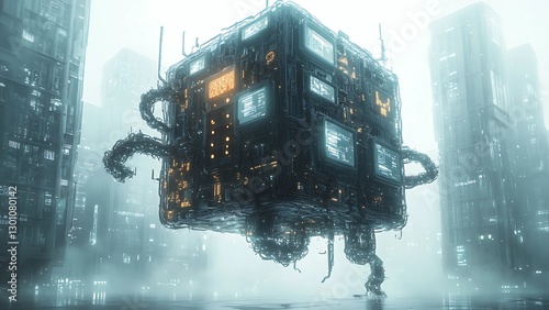 Cybernetic Metropolis: An ominous cybernetic construct hovering above a cityscape, its complex network of wires and screens illuminating the foggy atmosphere.