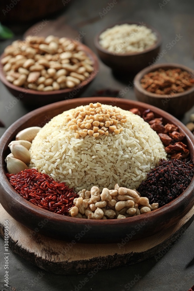 Rice and Nuts on Table Rice and Nuts on Table