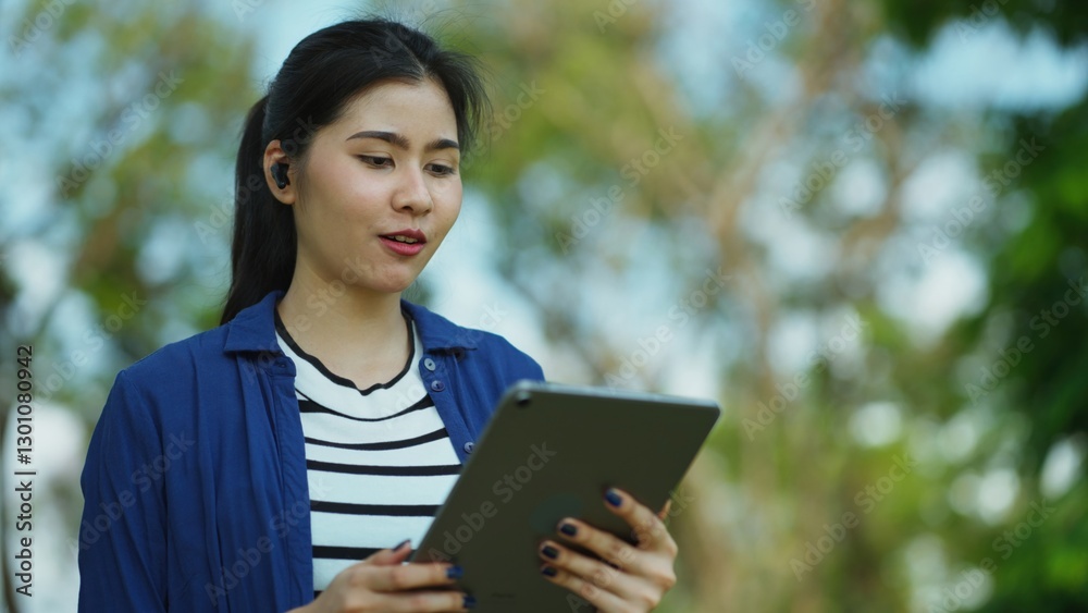 Fototapeta premium Asian Freelancer enjoying the outdoors while connecting digitally through her device, illustrating the future of work and the relaxed lifestyle of modern professionals in a city park.