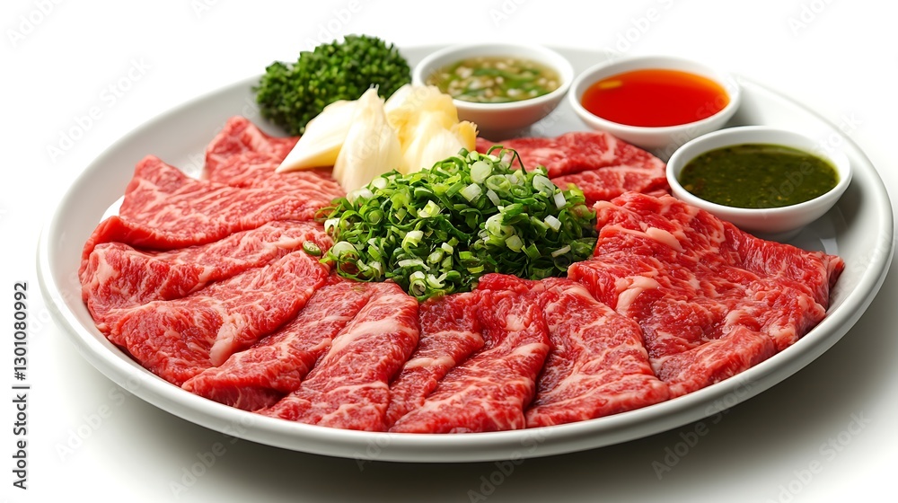 Delicious raw beef slices with green garnish white background food presentation culinary delight elevated viewpoint Delicious raw beef slices with green garnish white background food presentation culinary delight elevated viewpoint
