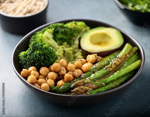 buddha bowl featuring grilled avocado asparagus chickpeas pea sprouts and broccoli