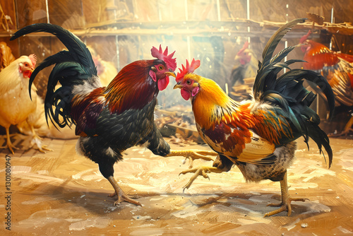 Surrealist representation of a cock fighting, AI generated