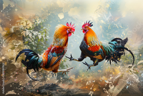 Surrealist representation of a cock fighting, AI generated