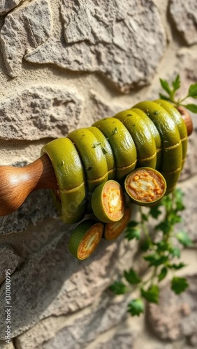 Artesanal chorizo verde colgado de un clavo en una pared de piedra rústica, comida tradicional, verdura