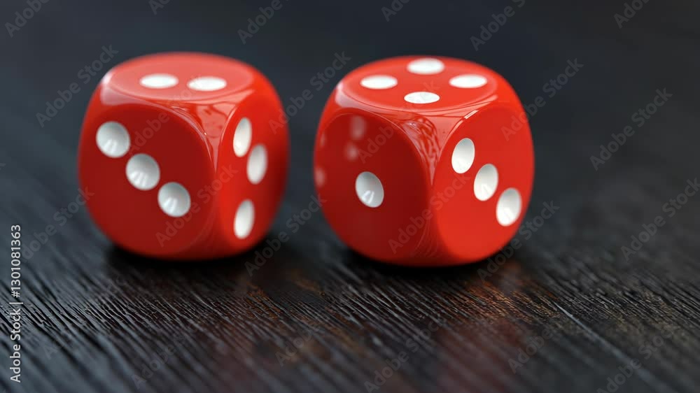 Red dice resting on a dark wood surface during a game session at a cozy gathering in the evening Red dice resting on a dark wood surface during a game session at a cozy gathering in the evening