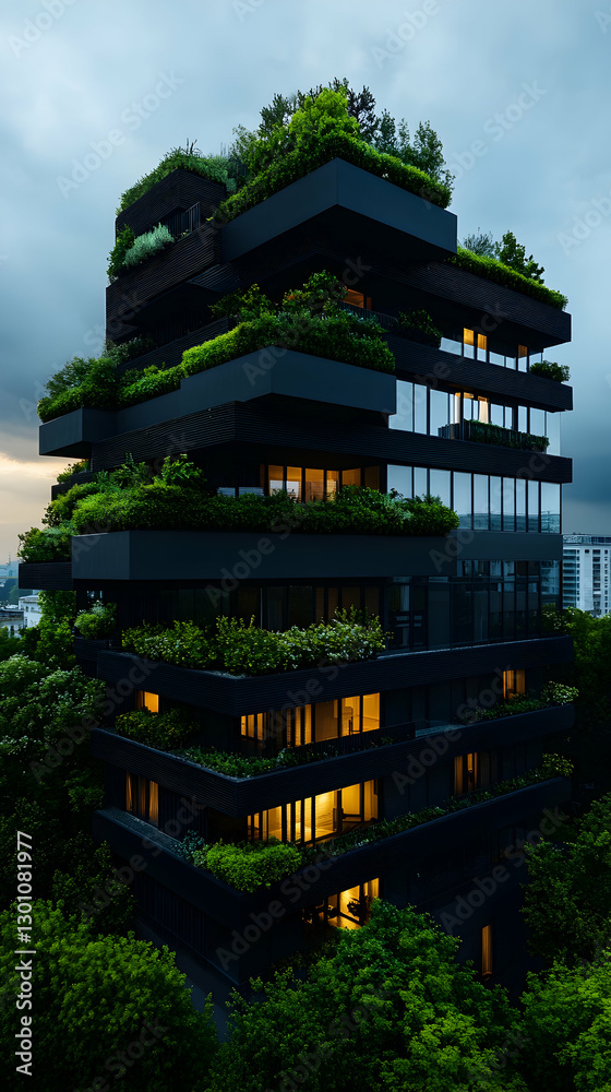 Innovative architectural design showcasing a green building in an urban setting at dusk with natural elements integrated into its structure Innovative architectural design showcasing a green building in an urban setting at dusk with natural elements integrated into its structure