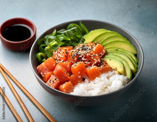 hawaiian salmon poke bowl with rice avocado paprika sesame seeds lime