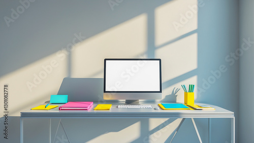Minimalist home office with bright colorful stationery.. photo