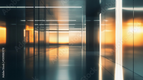 Sophisticated minimalist tech background showcasing sleek lines and reflective surfaces at dusk with warm lighting. Generative AI