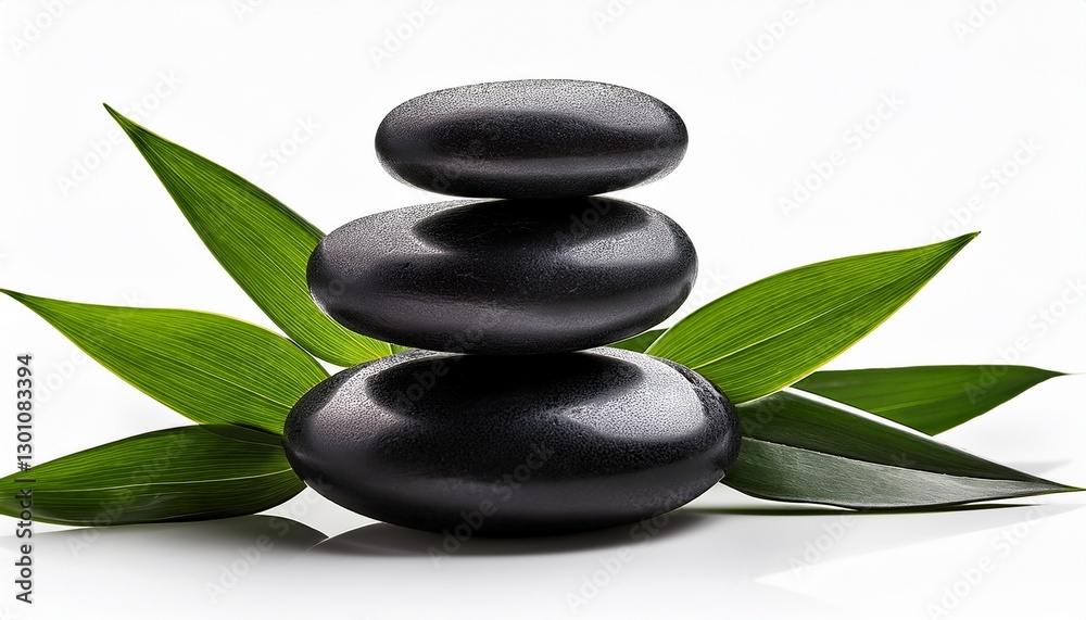 stack of smooth black spa stones with green leaves isolated on transparent cutout background stack of smooth black spa stones with green leaves isolated on transparent cutout background