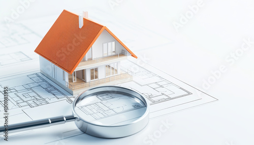 magnifying glass hovers over house floor plan with model house