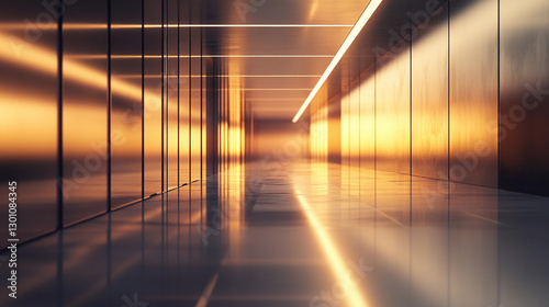 A sleek, minimalist tech corridor shines with soft lighting and reflections, creating a serene evening atmosphere that highlights modern architecture. Generative AI