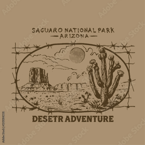 Arizona desert vibes graphic print. Arizona desert mountain in cactus flower, Desert vibes graphic print design for apparel,