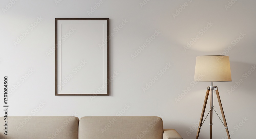 Elegant empty frame hangs softly lit above beige sofa near tripod lamp. AI Generated Elegant empty frame hangs softly lit above beige sofa near tripod lamp. AI Generated