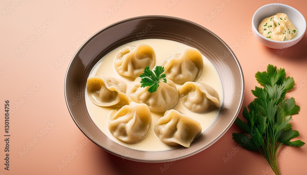dumplings artfully displayed in a creamy sauce on a pastel background dumplings artfully displayed in a creamy sauce on a pastel background