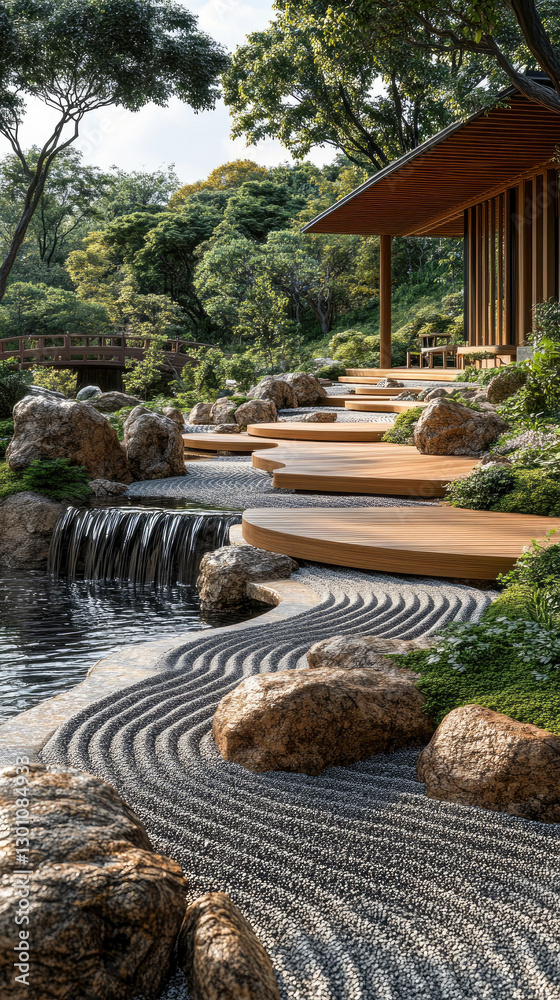 A tranquil pathway in a Zen garden leads to a scenic stream with swirling sands and stones, creating a sense of peace and connection to the natural environment. A tranquil pathway in a Zen garden leads to a scenic stream with swirling sands and stones, creating a sense of peace and connection to the natural environment.